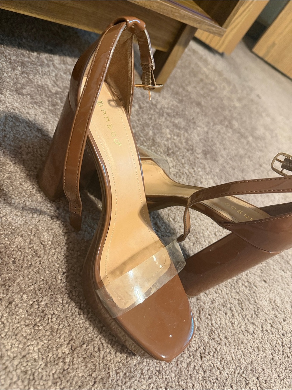 BAMBOO Brown Block Heel Sandals with Clear Strap